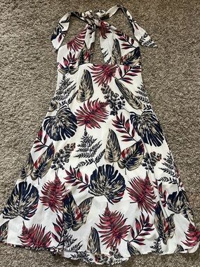 White Halter Backless Tropical Leaf Print Dress - Navy & Red